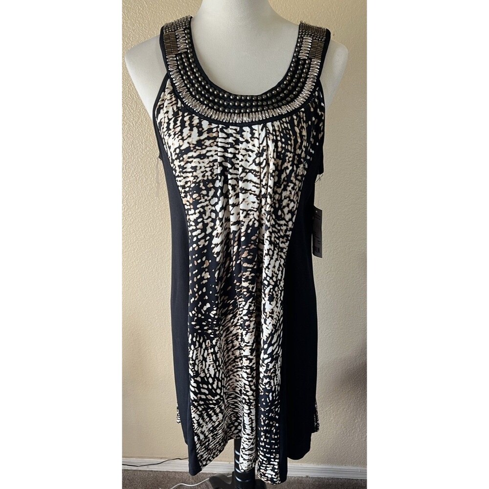 NY Collection sleeveless beaded-neckline dress, Size L Animal Print abstract